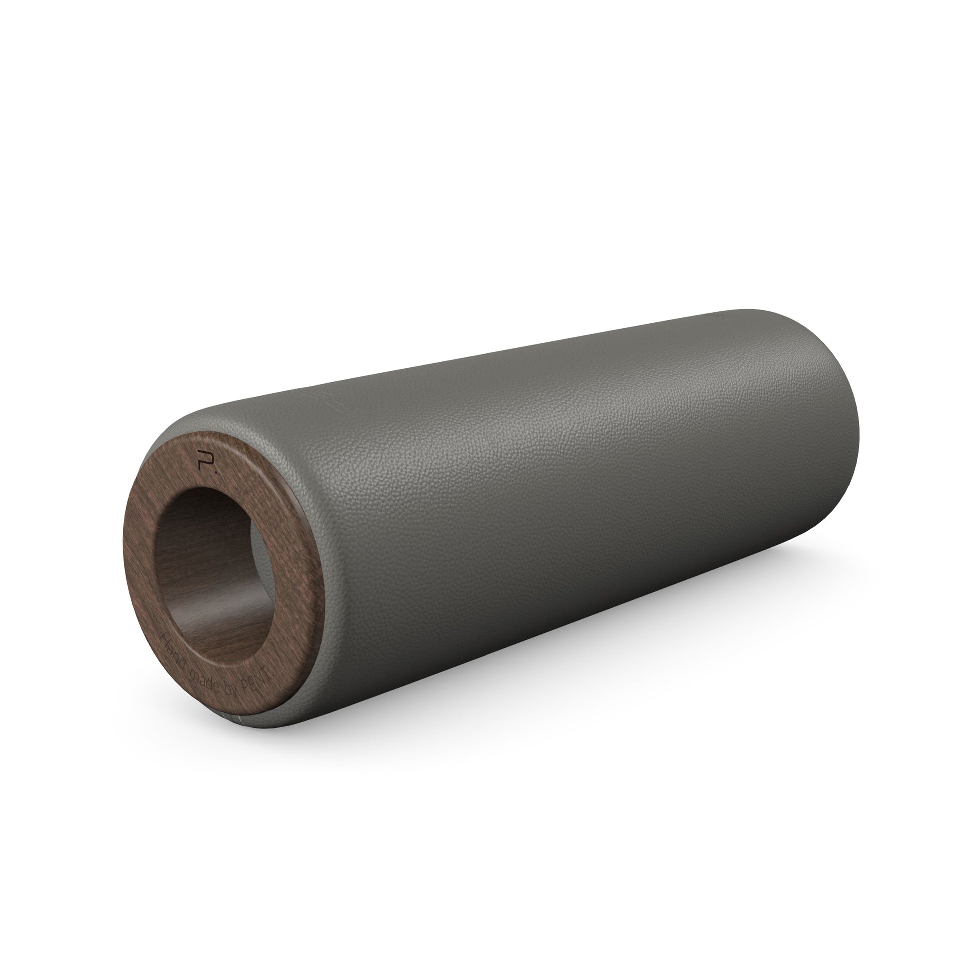 Luxury fitness equipment, handcrafted stretching roller with natural wood and luxurious leather. Customize in grey base leather, grey accent leather and dark walnut wood. PENT. ROLA - Luxury Stretching Roller