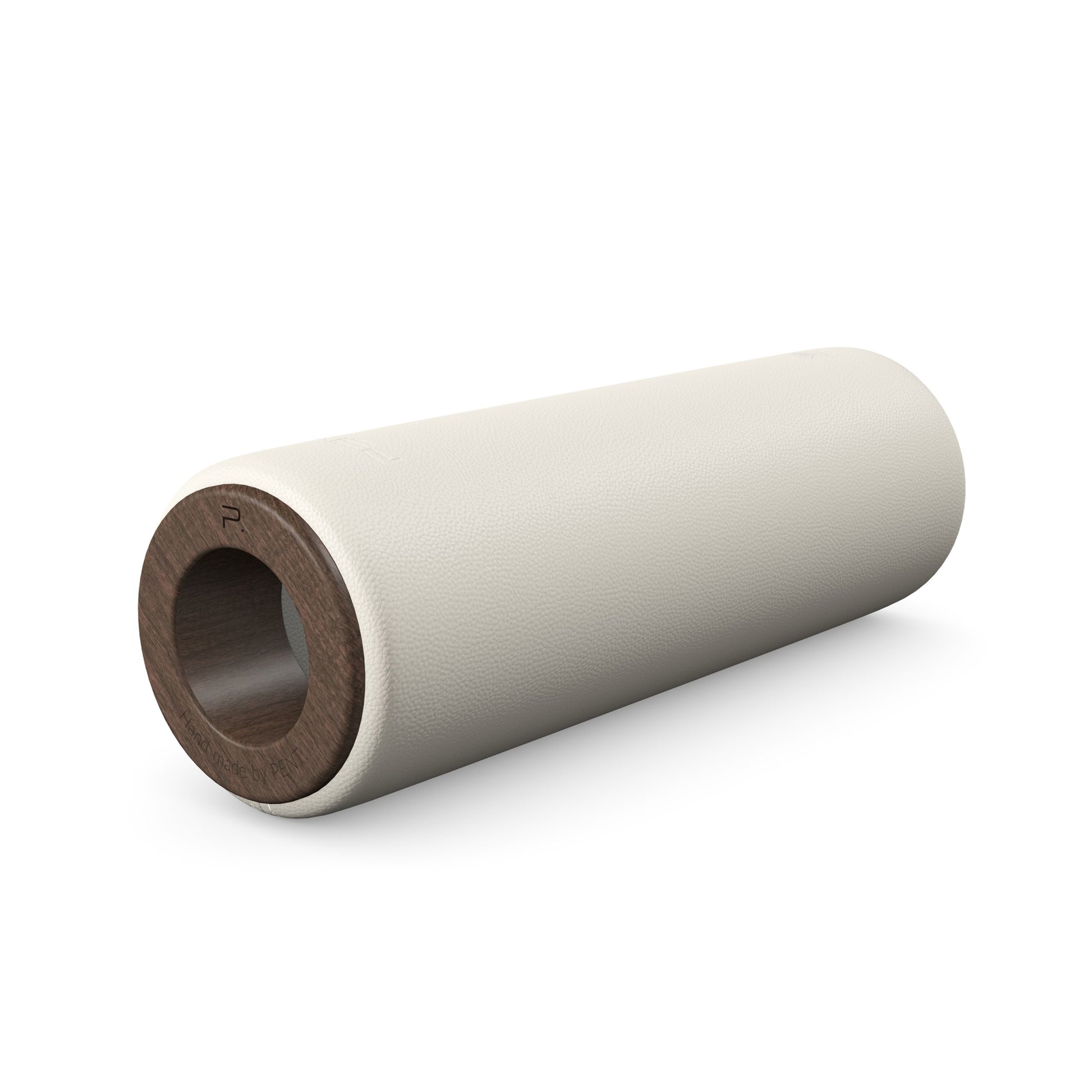 Luxury fitness equipment, handcrafted stretching roller with natural wood and luxurious leather. Customize in white base leather, grey accent leather and dark walnut wood. PENT. ROLA - Luxury Stretching Roller