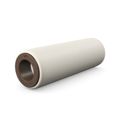 Luxury fitness equipment, handcrafted stretching roller with natural wood and luxurious leather. Customize in white base leather, white accent leather and dark walnut wood. PENT. ROLA - Luxury Stretching Roller
