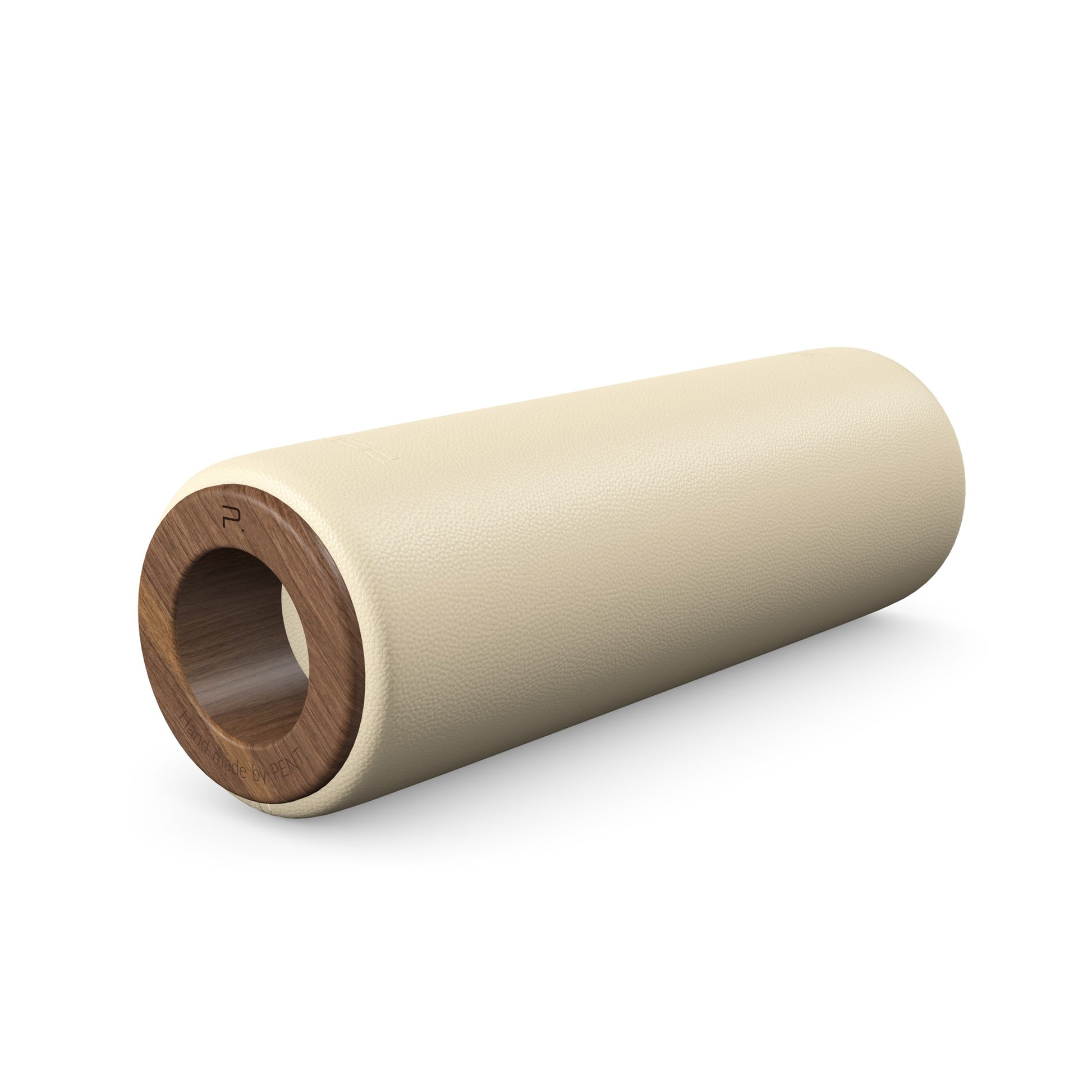 Luxury fitness equipment, handcrafted stretching roller with natural wood and luxurious leather. Customize in beige base leather, beige accent leather and natural walnut wood. PENT. ROLA - Luxury Stretching Roller