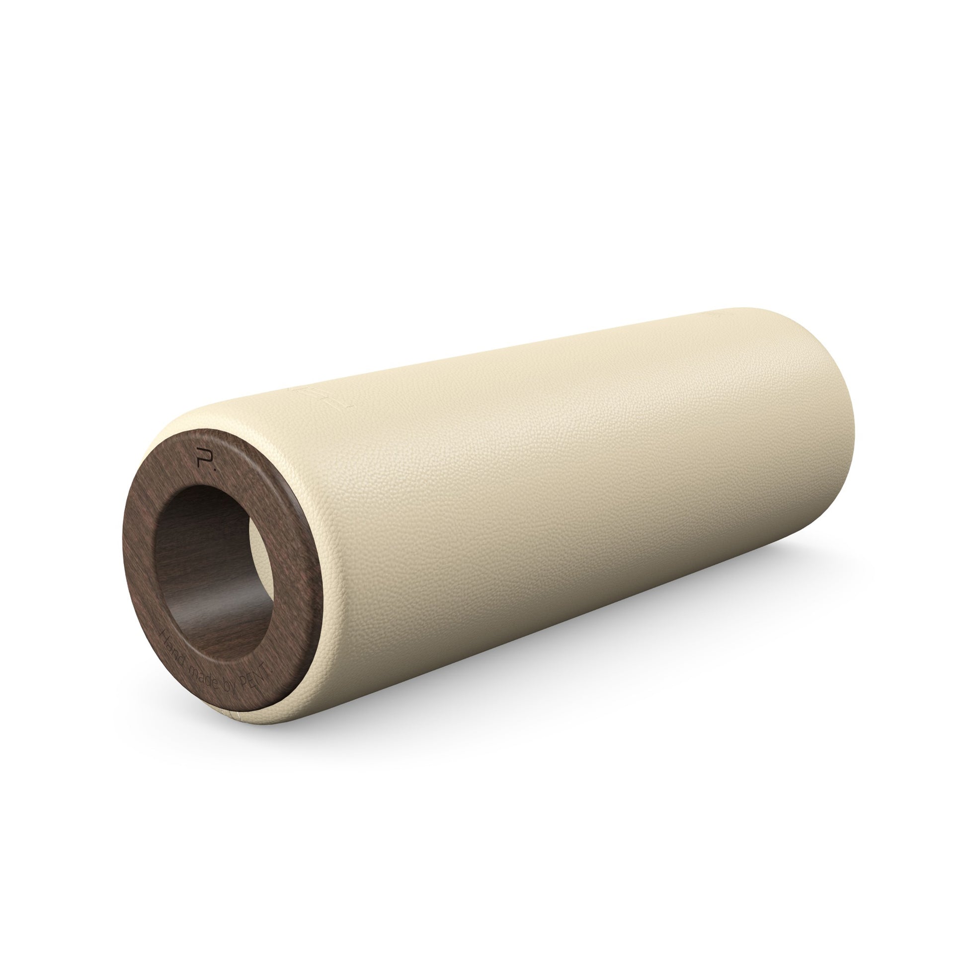 Luxury fitness equipment, handcrafted stretching roller with natural wood and luxurious leather. Customize in beige base leather, beige accent leather and dark walnut wood. PENT. ROLA - Luxury Stretching Roller