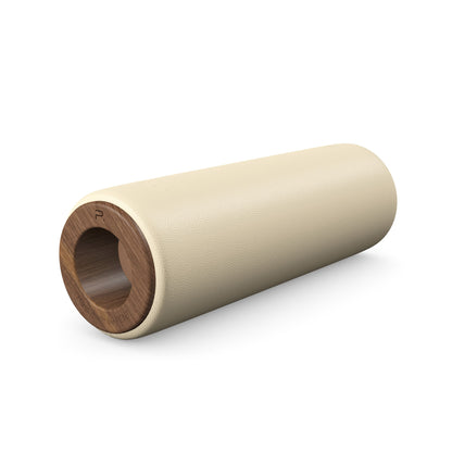 Luxury fitness equipment, handcrafted stretching roller with natural wood and luxurious leather. Customize in beige base leather, brown accent leather and natural walnut wood. PENT. ROLA - Luxury Stretching Roller