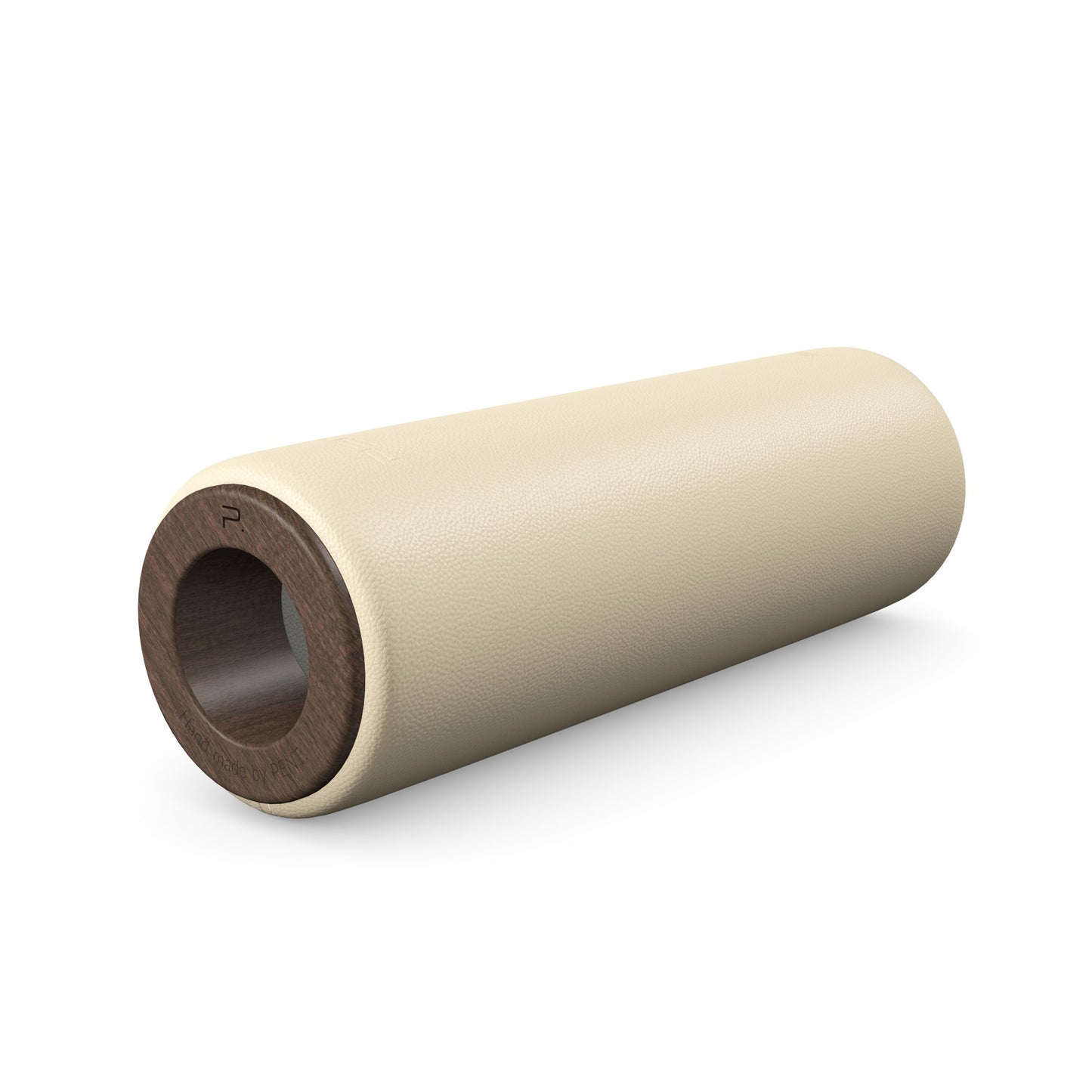 Luxury fitness equipment, handcrafted stretching roller with natural wood and luxurious leather. Customize in beige base leather, grey accent leather and dark walnut wood. PENT. ROLA - Luxury Stretching Roller