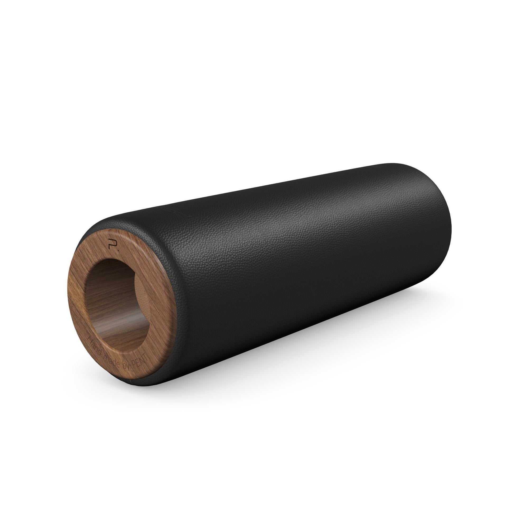 Luxury fitness equipment, handcrafted stretching roller with natural wood and luxurious leather. Customize in black base leather, brown accent leather and natural walnut wood. PENT. ROLA - Luxury Stretching Roller