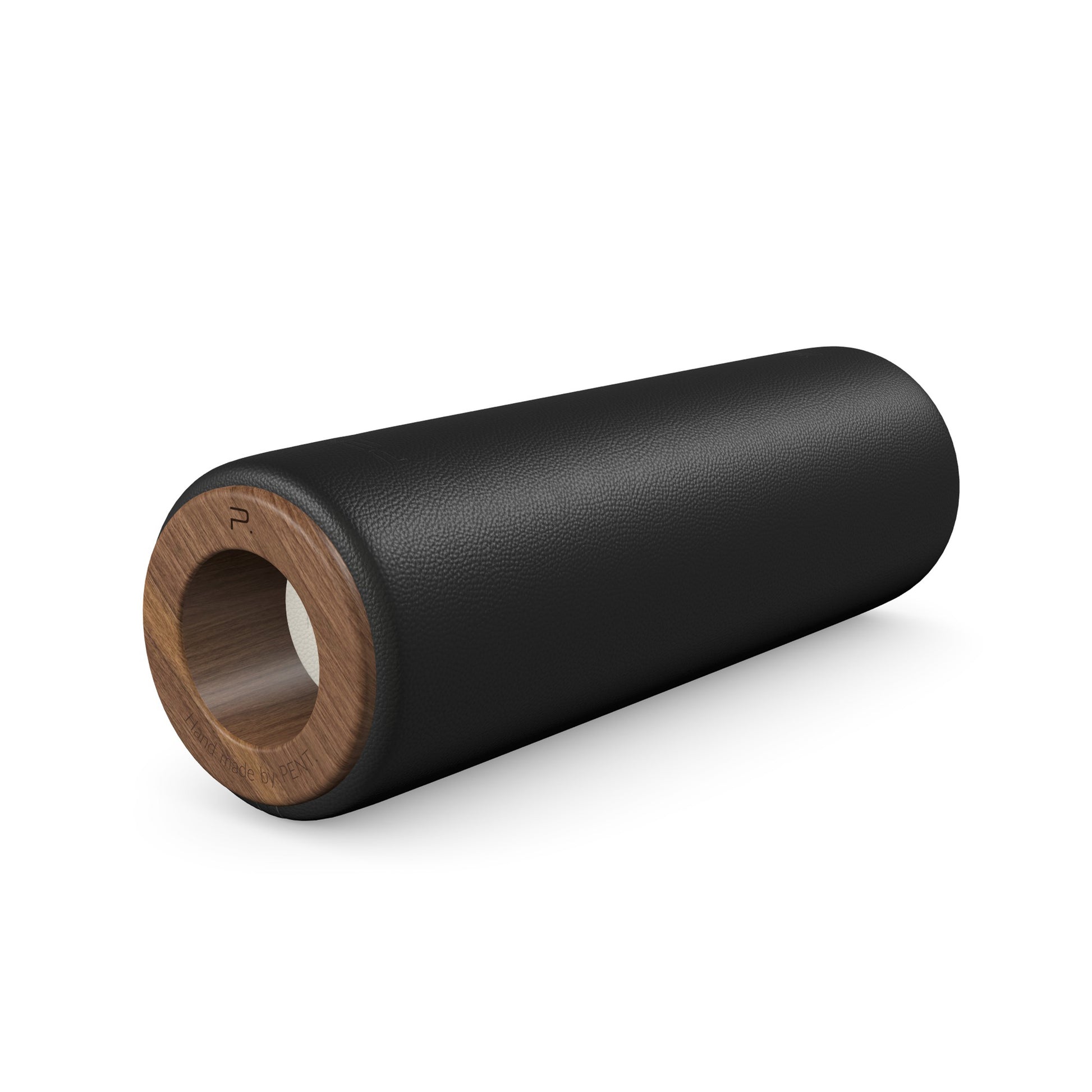 Luxury fitness equipment, handcrafted stretching roller with natural wood and luxurious leather. Customize in black base leather, white accent leather and natural walnut wood. PENT. ROLA - Luxury Stretching Roller