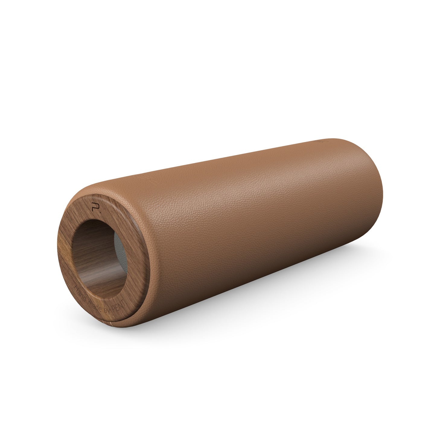 Luxury fitness equipment, handcrafted stretching roller with natural wood and luxurious leather. Customize in brown base leather, grey accent leather and natural walnut wood. PENT. ROLA - Luxury Stretching Roller