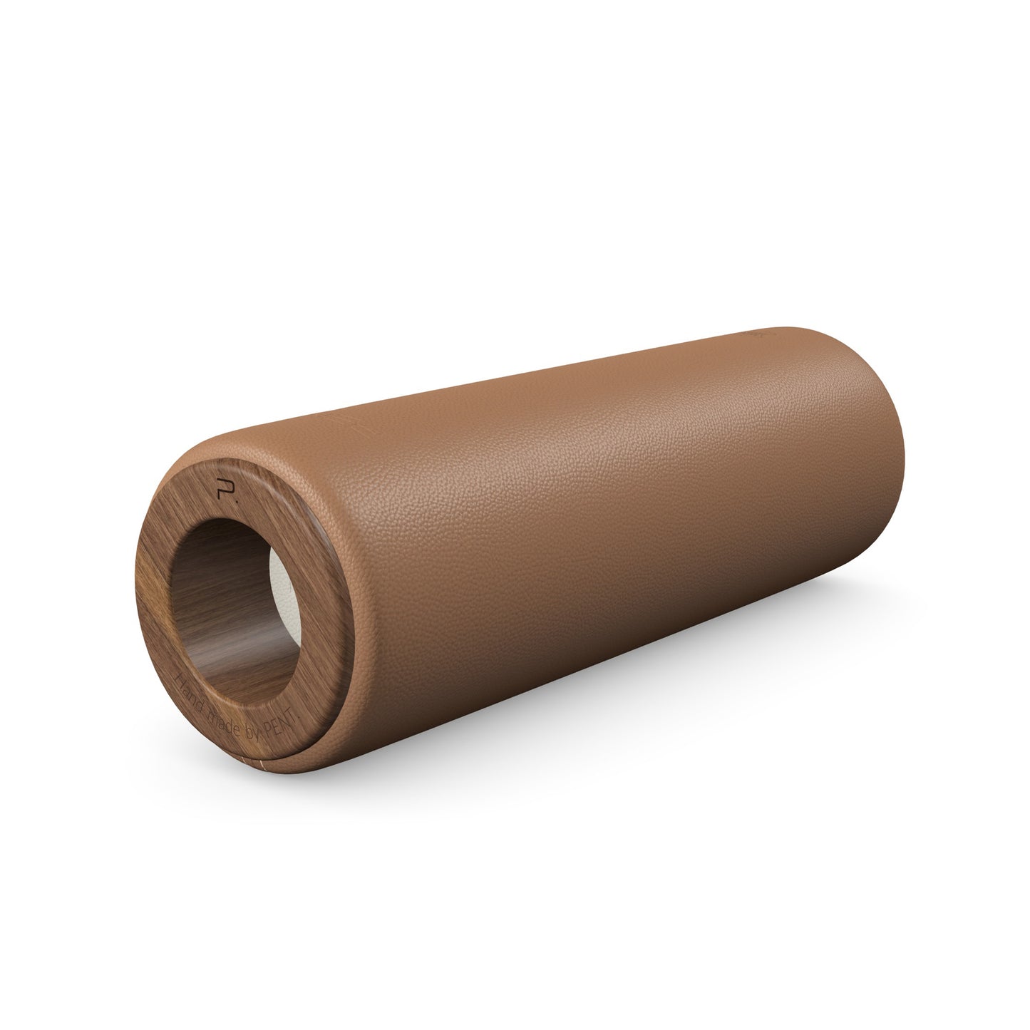 Luxury fitness equipment, handcrafted stretching roller with natural wood and luxurious leather. Customize in brown base leather, white accent leather and natural walnut wood. PENT. ROLA - Luxury Stretching Roller