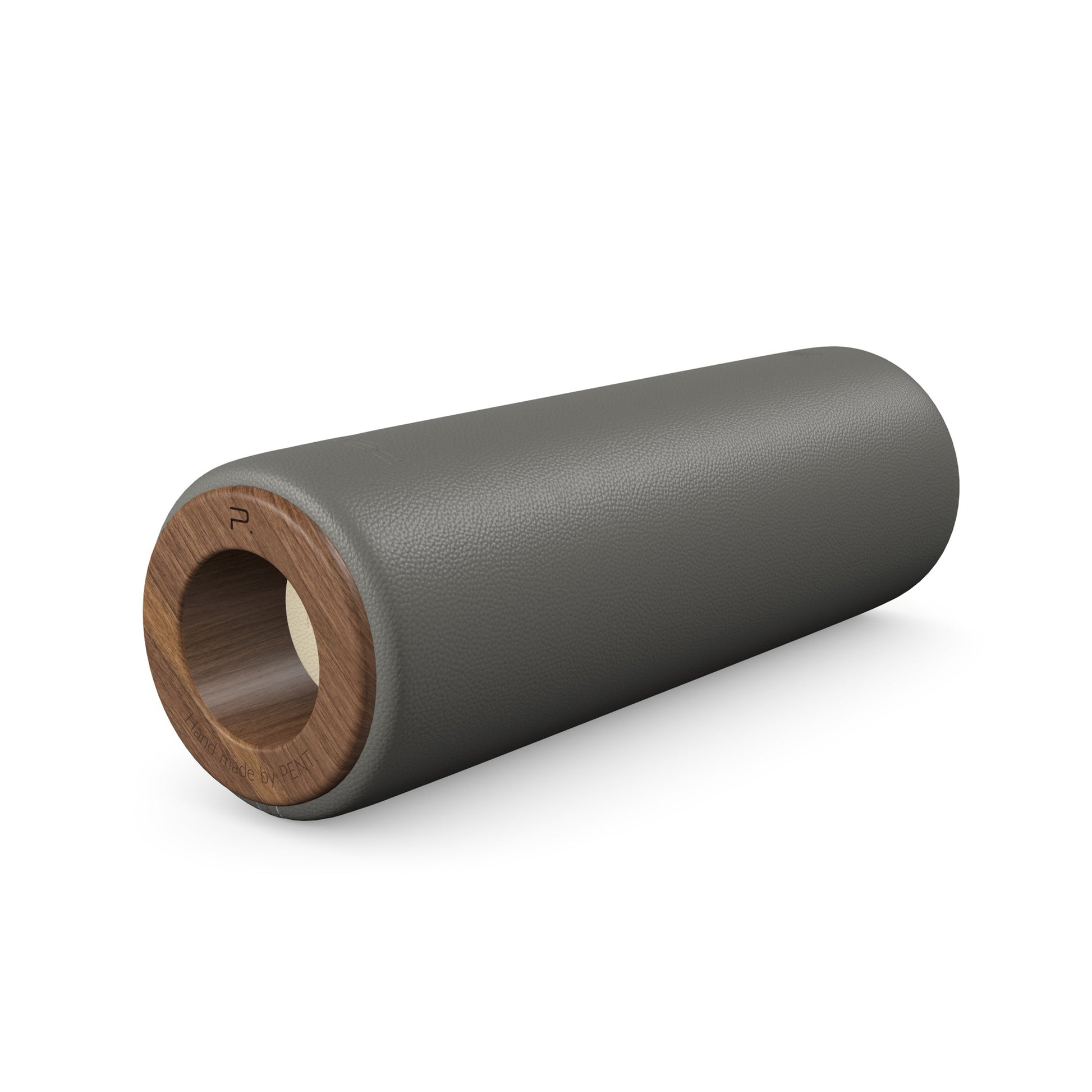 Luxury fitness equipment, handcrafted stretching roller with natural wood and luxurious leather. Customize in grey base leather, beige accent leather and natural walnut wood. PENT. ROLA - Luxury Stretching Roller