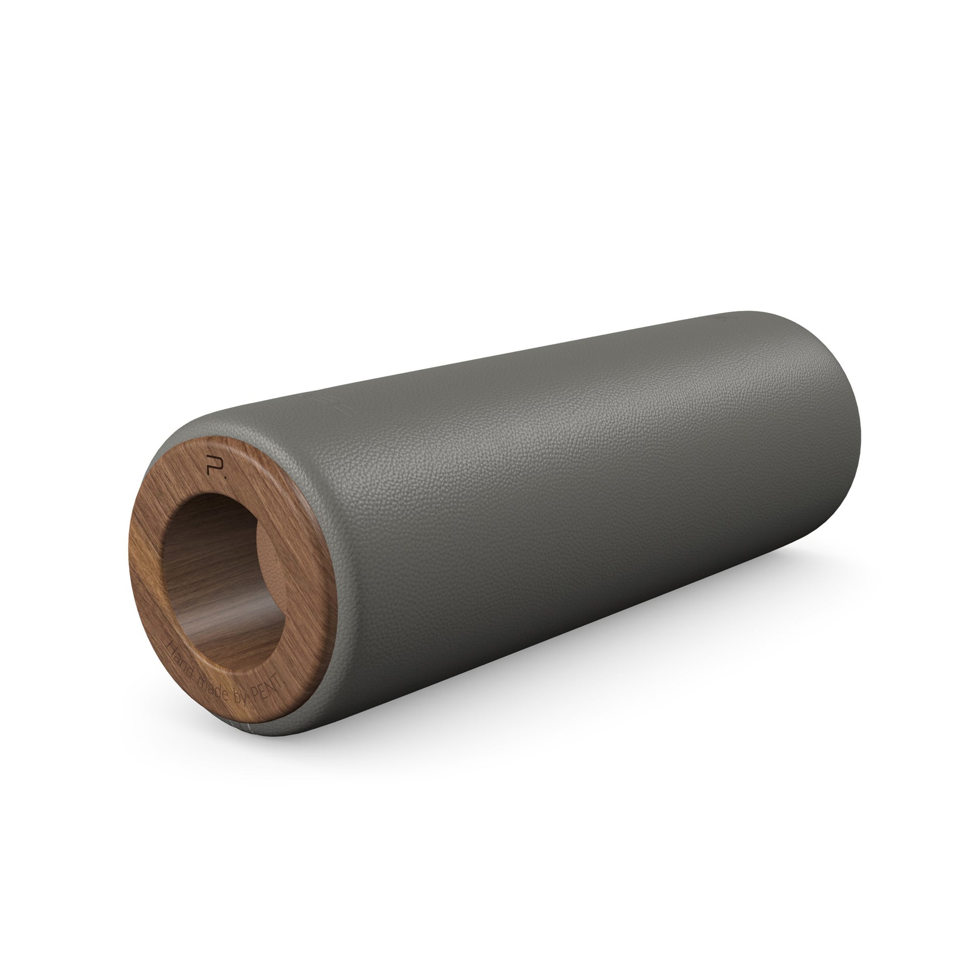 Luxury fitness equipment, handcrafted stretching roller with natural wood and luxurious leather. Customize in grey base leather, brown accent leather and natural walnut wood. PENT. ROLA - Luxury Stretching Roller