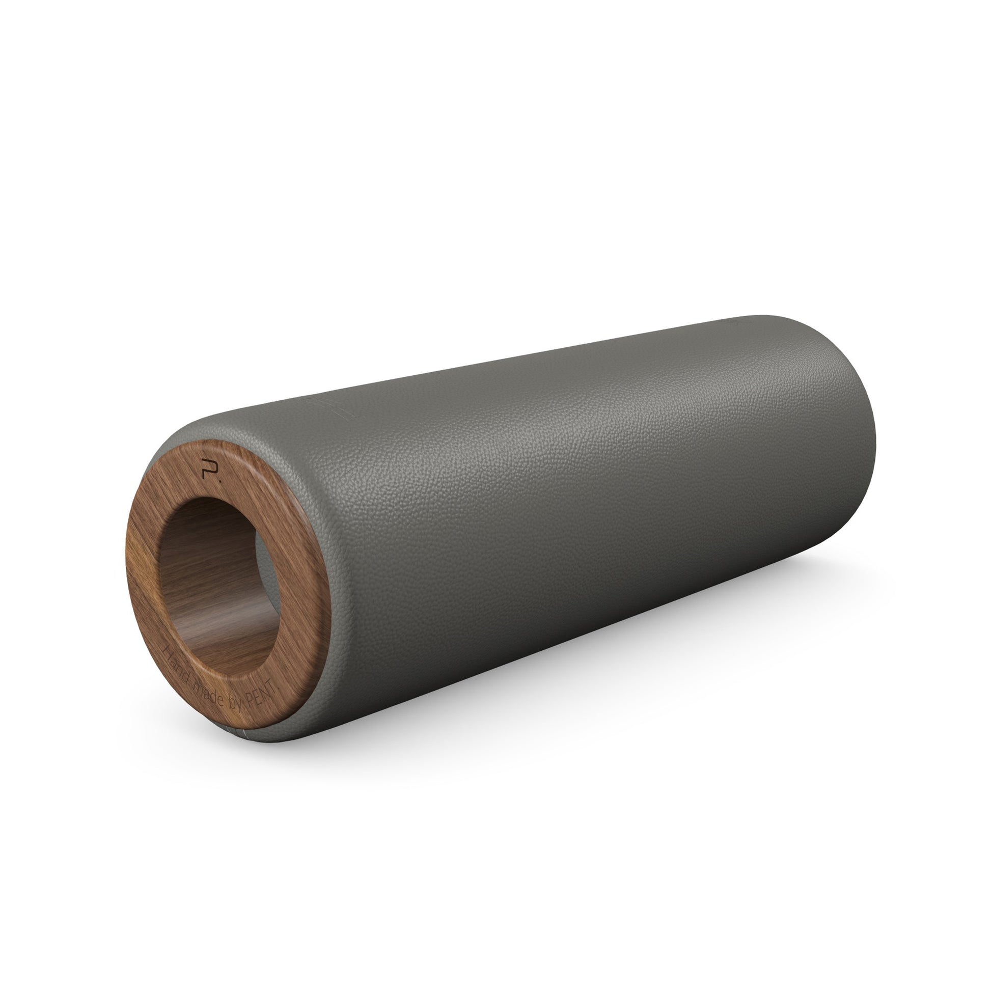 Luxury fitness equipment, handcrafted stretching roller with natural wood and luxurious leather. Customize in grey base leather, grey accent leather and natural walnut wood. PENT. ROLA - Luxury Stretching Roller
