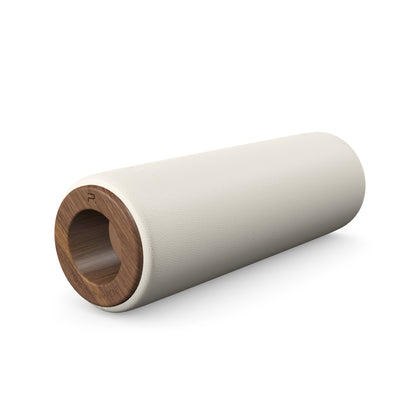 Luxury fitness equipment, handcrafted stretching roller with natural wood and luxurious leather. Customize in white base leather, brown accent leather and natural walnut wood. PENT. ROLA - Luxury Stretching Roller