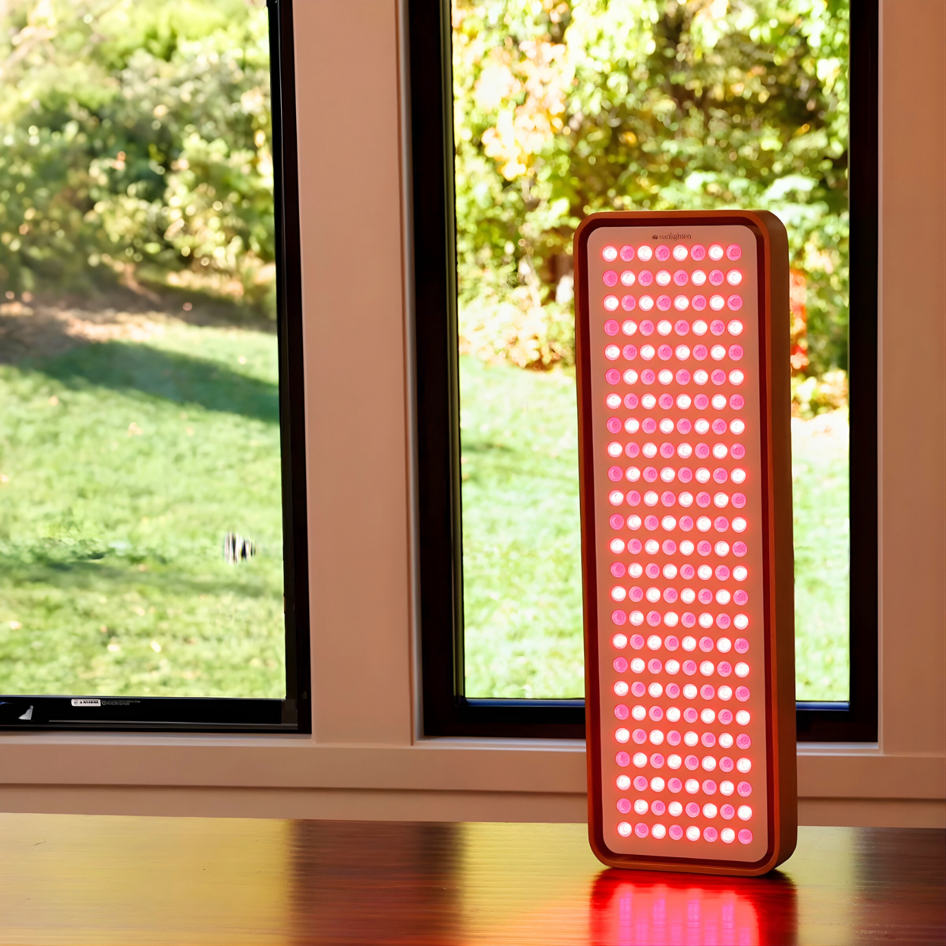 Sunlighten Red Light Panel placed against a window, powered on with soft red glow.