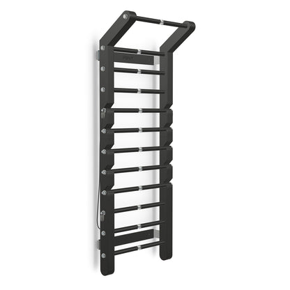 Luxurious home gym equipment, luxury wall bar with removable rungs and pull up bar handcrafted with stainless steel and premium natural black ash wood. PENT. SCALA