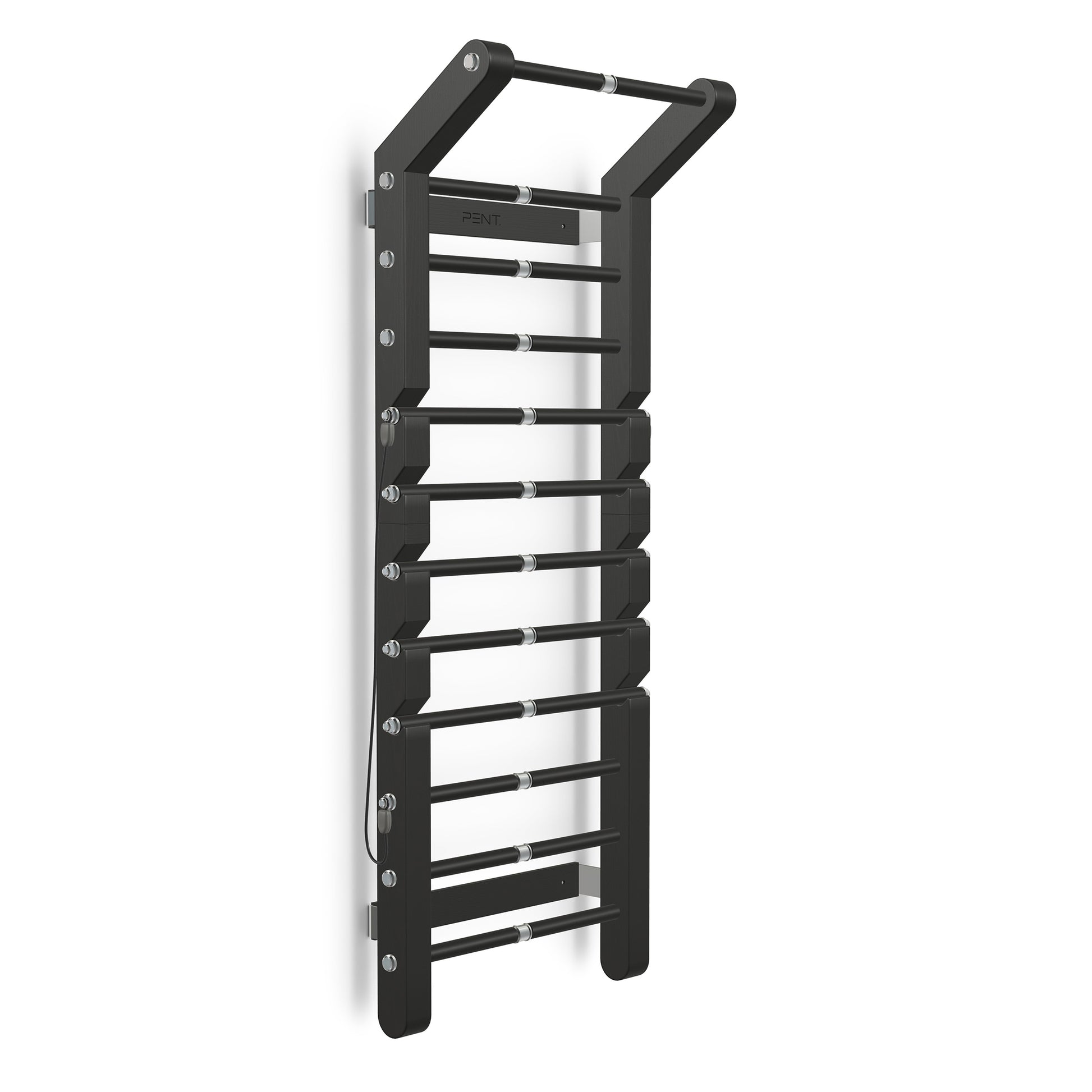 Luxurious home gym equipment, luxury wall bar with removable rungs and pull up bar handcrafted with stainless steel and premium natural black ash wood. PENT. SCALA