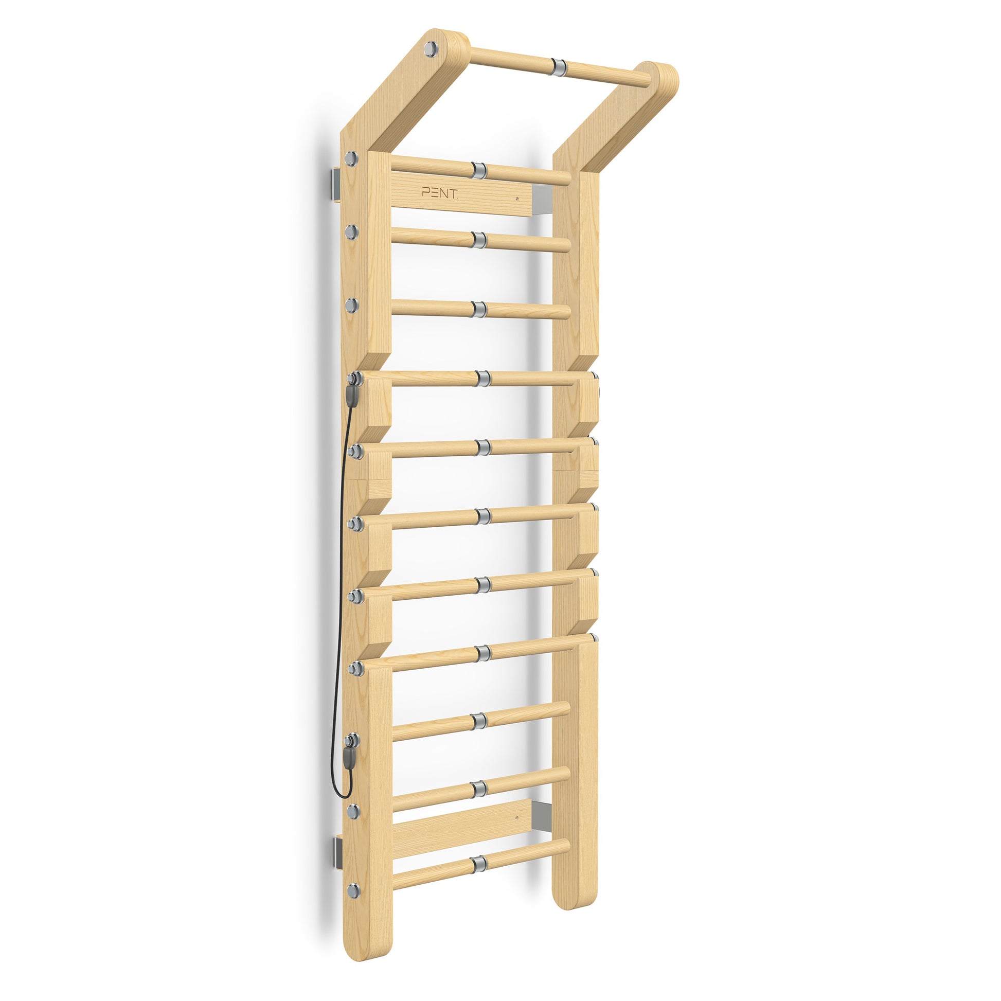 Luxurious home gym equipment, luxury wall bar with removable rungs and pull up bar handcrafted with stainless steel and premium natural ash wood. PENT. SCALA
