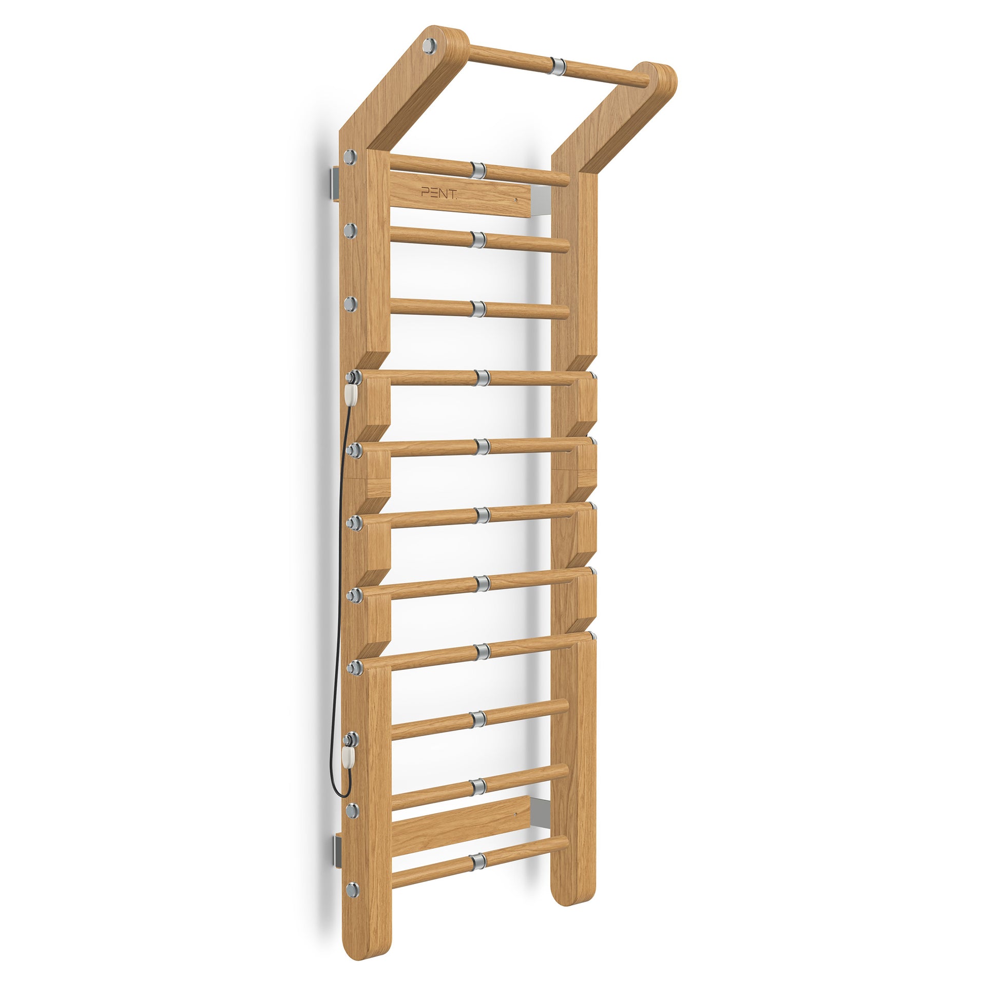 Luxurious home gym equipment, luxury wall bar with removable rungs and pull up bar handcrafted with stainless steel and premium natural oak wood. PENT. SCALA