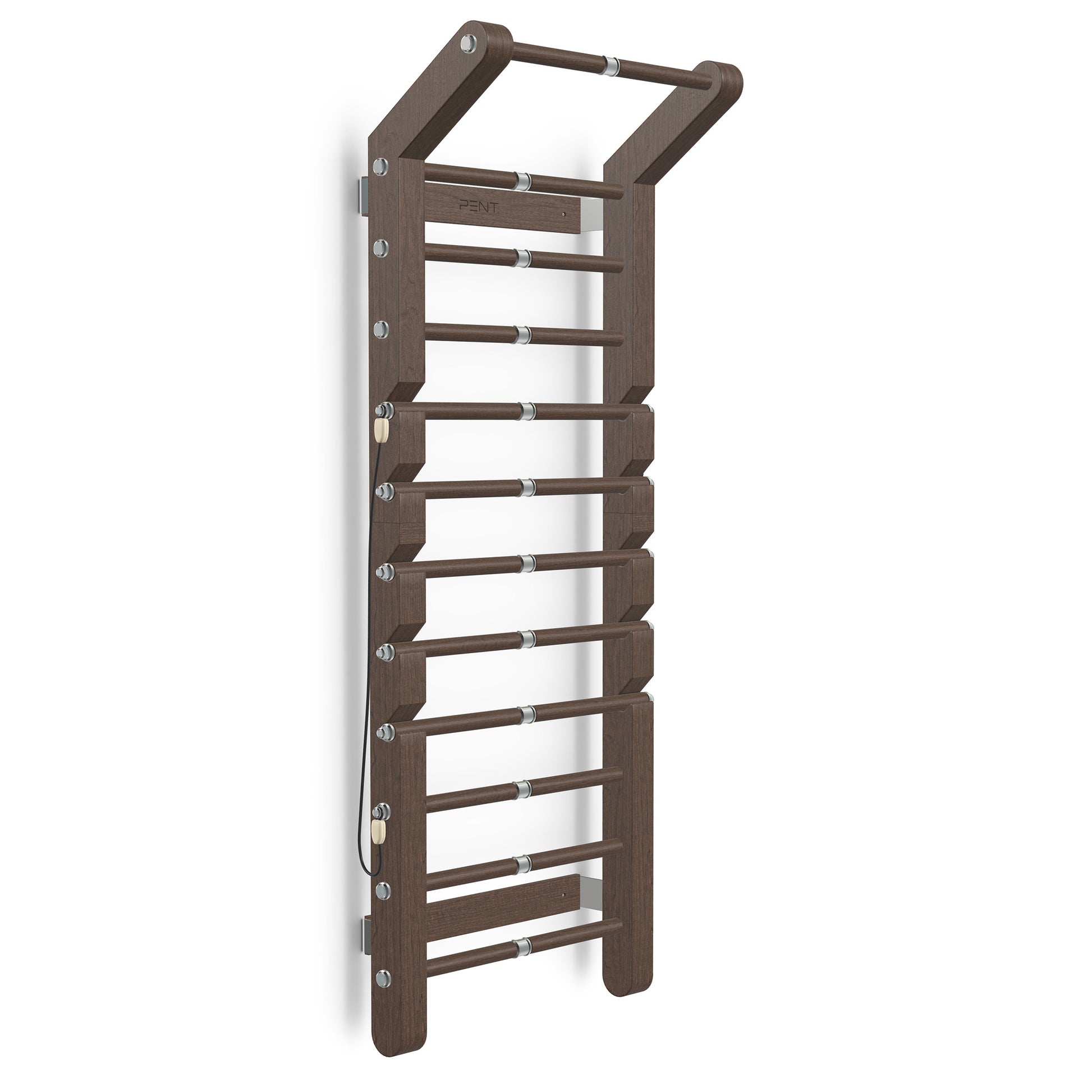 Luxurious home gym equipment, luxury wall bar with removable rungs and pull up bar handcrafted with stainless steel and premium natural dark walnut wood. PENT. SCALA