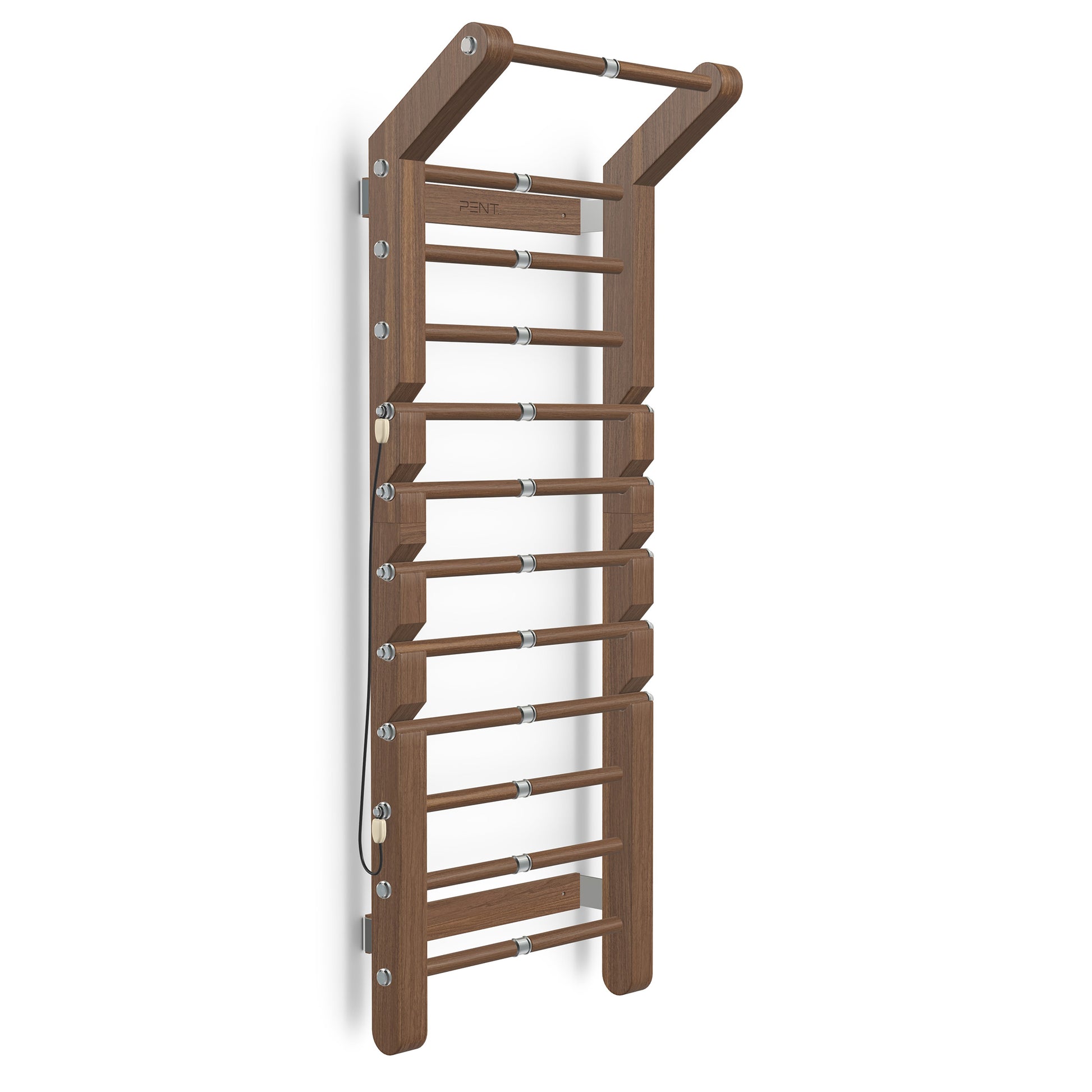 Luxurious home gym equipment, luxury wall bar with removable rungs and pull up bar handcrafted with stainless steel and premium natural walnut stained ash wood. PENT. SCALA