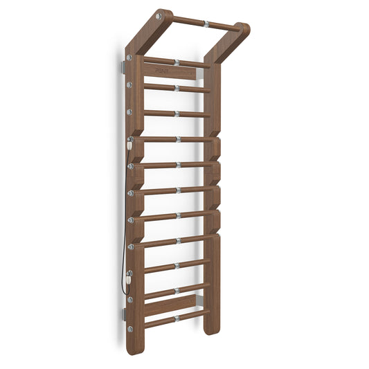 Luxurious home gym equipment, luxury wall bar with removable rungs and pull up bar handcrafted with stainless steel and premium natural walnut wood. PENT. SCALA