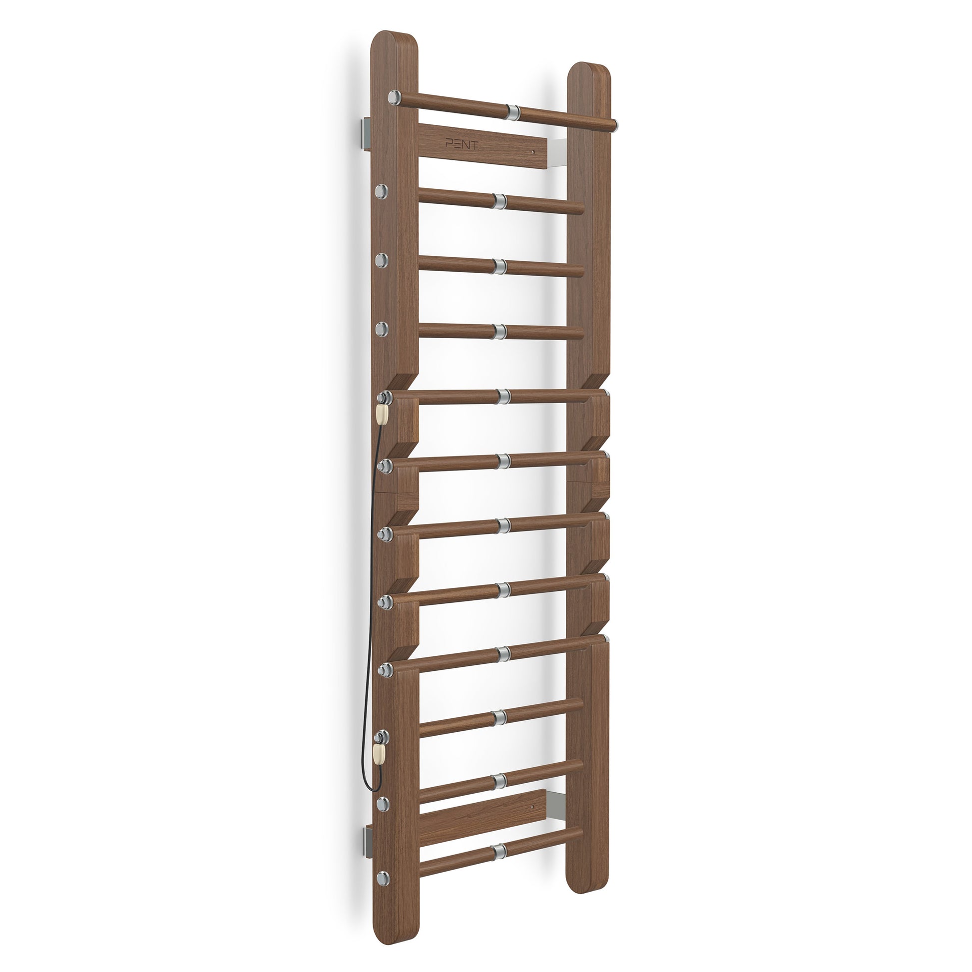 Luxurious home gym equipment, luxury wall bar with removable rungs handcrafted with stainless steel and premium natural walnut stained ash wood. PENT. SCALA
