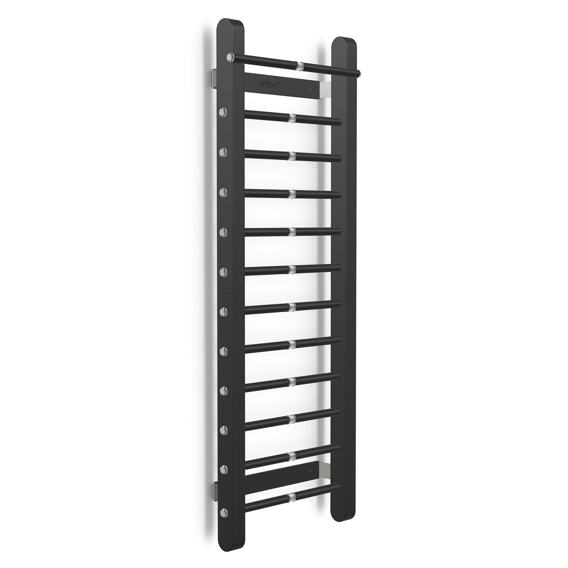 Luxurious home gym equipment, luxury fitness wall bar handcrafted with stainless steel and premium black ash wood. PENT. SCALA
