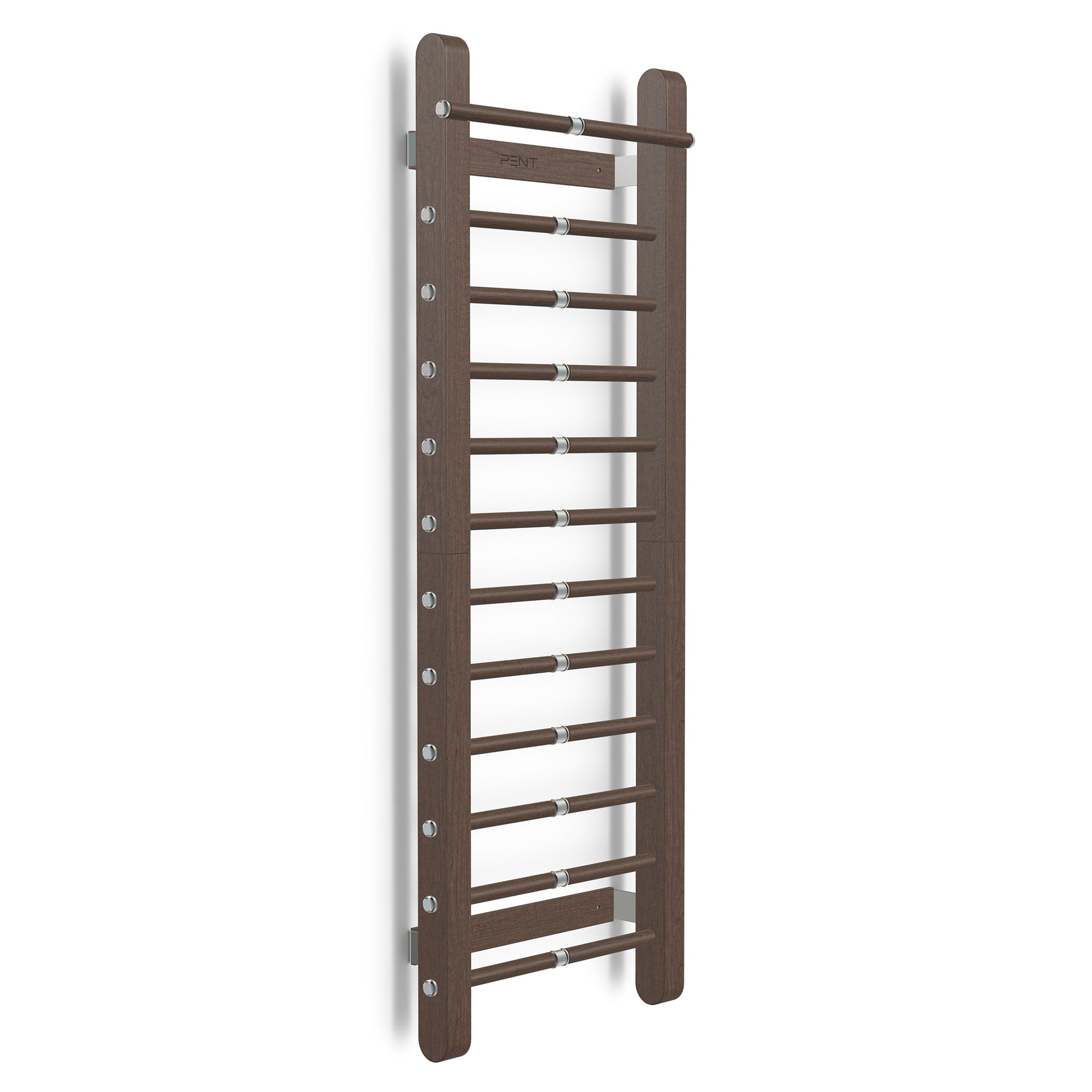 Luxurious home gym equipment, luxury fitness wall bar handcrafted with stainless steel and premium natural dark walnut wood. PENT. SCALA