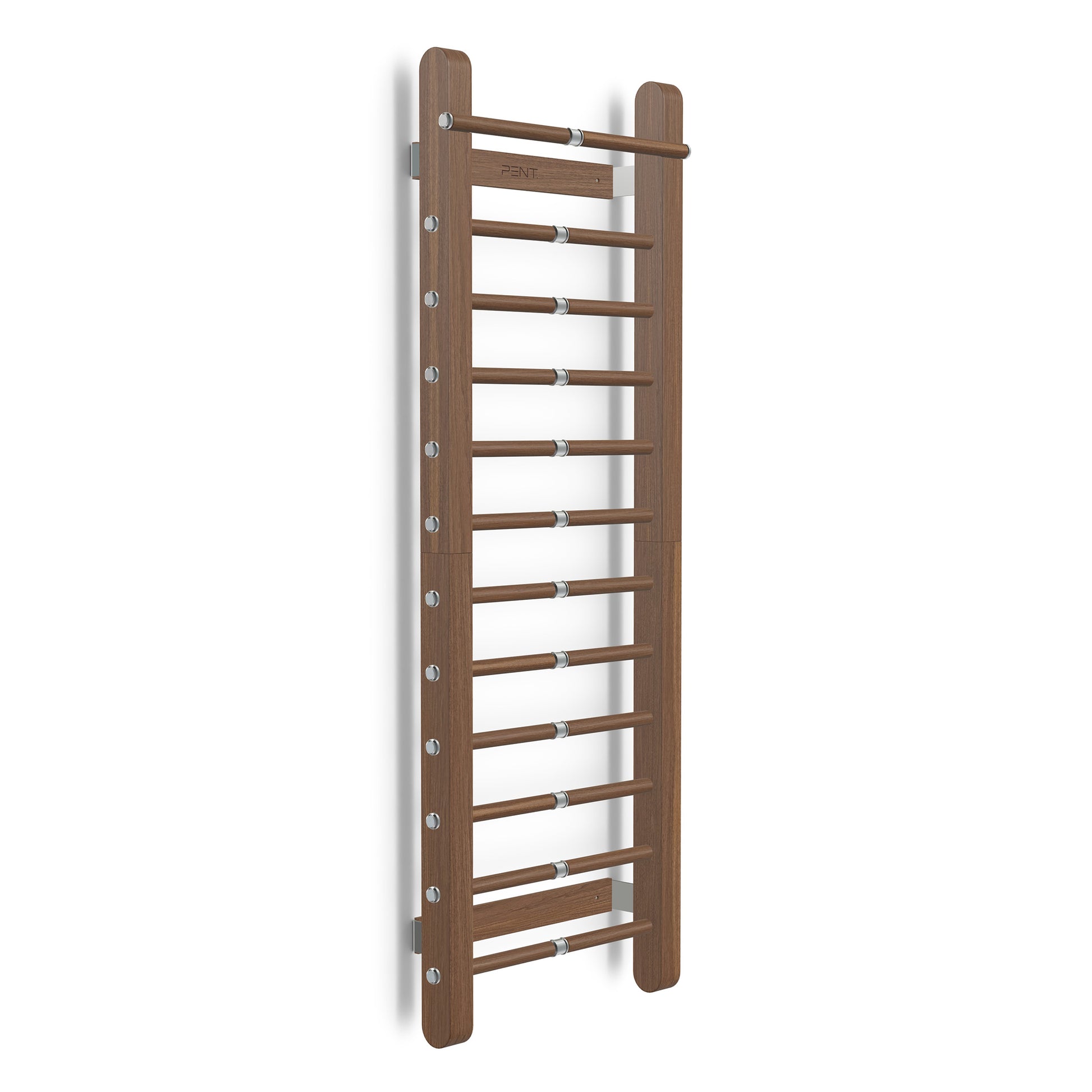 Luxurious home gym equipment, luxury fitness wall bar handcrafted with stainless steel and premium natural walnut stained ash wood. PENT. SCALA