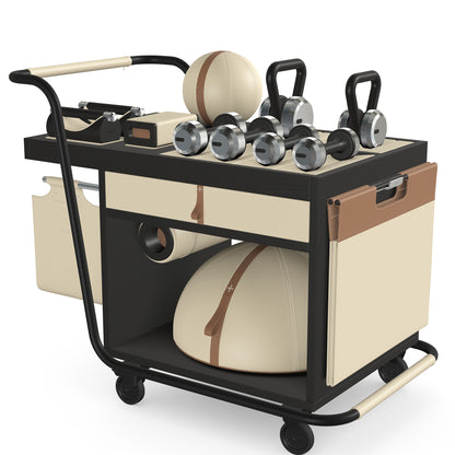 PENT. SOPHIA: dumbbells, kettlebells, balance trainer, medicine ball, skipping rope, exercise mat, push up bars, yoga block and stretching roller. Made with stainless steel, premium Italian beige base leather, brown accent leather and black ash wood.