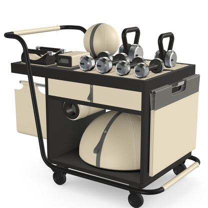 PENT. SOPHIA: dumbbells, kettlebells, balance trainer, medicine ball, skipping rope, exercise mat, push up bars, yoga block and stretching roller. Made with stainless steel, premium Italian beige base leather, grey accent leather and black ash wood.
