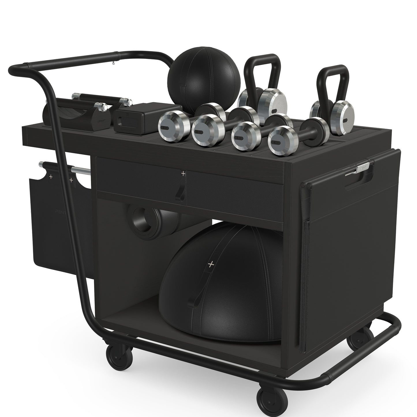 PENT. SOPHIA: dumbbells, kettlebells, balance trainer, medicine ball, skipping rope, exercise mat, push up bars, yoga block and stretching roller. Made with stainless steel, premium Italian black base leather, black accent leather and black ash wood.