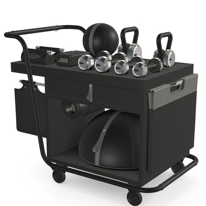 PENT. SOPHIA: dumbbells, kettlebells, balance trainer, medicine ball, skipping rope, exercise mat, push up bars, yoga block and stretching roller. Made with stainless steel, premium Italian black base leather, grey accent leather and black ash wood.