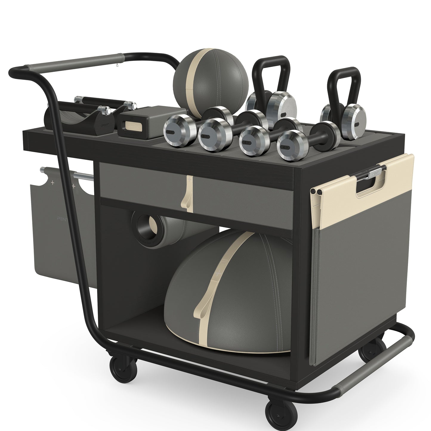 PENT. SOPHIA: dumbbells, kettlebells, balance trainer, medicine ball, skipping rope, exercise mat, push up bars, yoga block and stretching roller. Made with stainless steel, premium Italian grey base leather, beige accent leather and black ash wood.