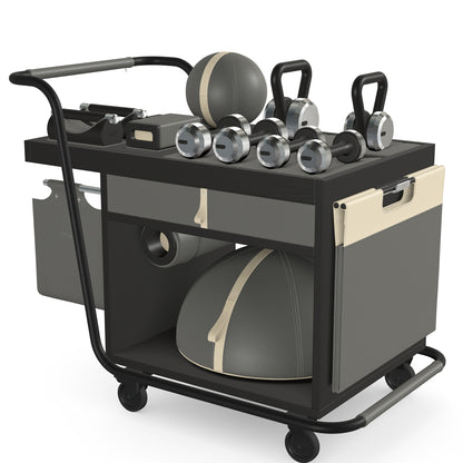 PENT. SOPHIA: dumbbells, kettlebells, balance trainer, medicine ball, skipping rope, exercise mat, push up bars, yoga block and stretching roller. Made with stainless steel, premium Italian grey base leather, beige accent leather and black ash wood.