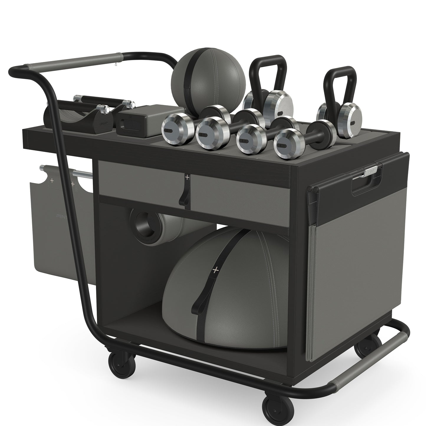 PENT. SOPHIA: dumbbells, kettlebells, balance trainer, medicine ball, skipping rope, exercise mat, push up bars, yoga block and stretching roller. Made with stainless steel, premium Italian grey base leather, black accent leather and black ash wood.