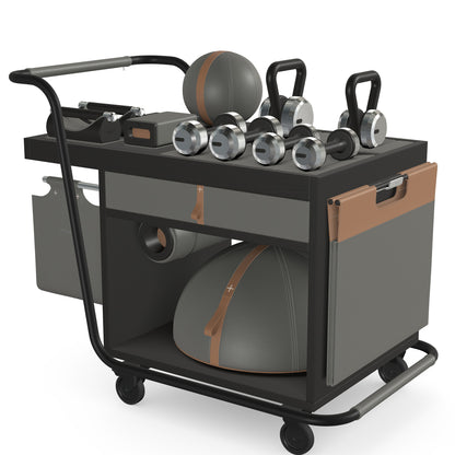 PENT. SOPHIA: dumbbells, kettlebells, balance trainer, medicine ball, skipping rope, exercise mat, push up bars, yoga block and stretching roller. Made with stainless steel, premium Italian grey base leather, brown accent leather and black ash wood.