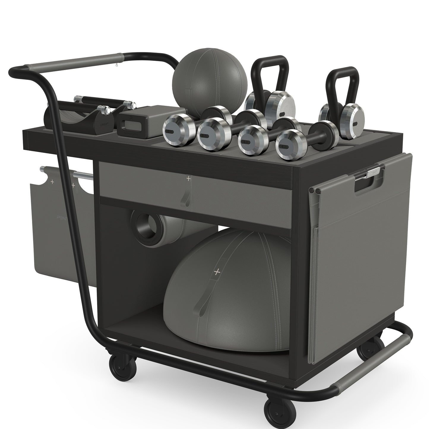 PENT. SOPHIA: dumbbells, kettlebells, balance trainer, medicine ball, skipping rope, exercise mat, push up bars, yoga block and stretching roller. Made with stainless steel, premium Italian grey base leather, grey accent leather and black ash wood.