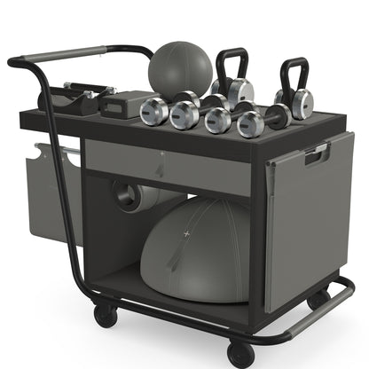 PENT. SOPHIA: dumbbells, kettlebells, balance trainer, medicine ball, skipping rope, exercise mat, push up bars, yoga block and stretching roller. Made with stainless steel, premium Italian grey base leather, grey accent leather and black ash wood.