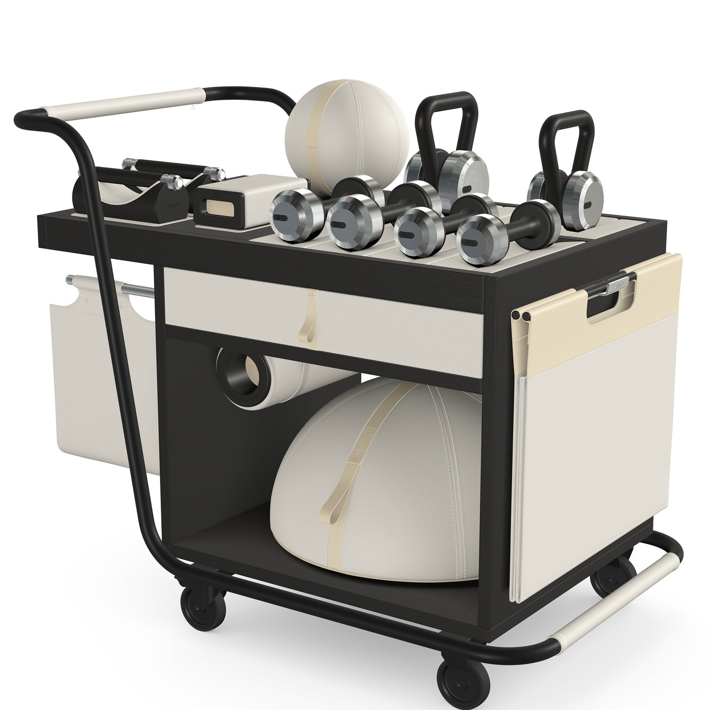 PENT. SOPHIA: dumbbells, kettlebells, balance trainer, medicine ball, skipping rope, exercise mat, push up bars, yoga block and stretching roller. Made with stainless steel, premium Italian white base leather, beige accent leather and black ash wood.