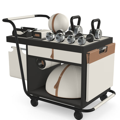 PENT. SOPHIA: dumbbells, kettlebells, balance trainer, medicine ball, skipping rope, exercise mat, push up bars, yoga block and stretching roller. Made with stainless steel, premium Italian white base leather, brown accent leather and black ash wood.