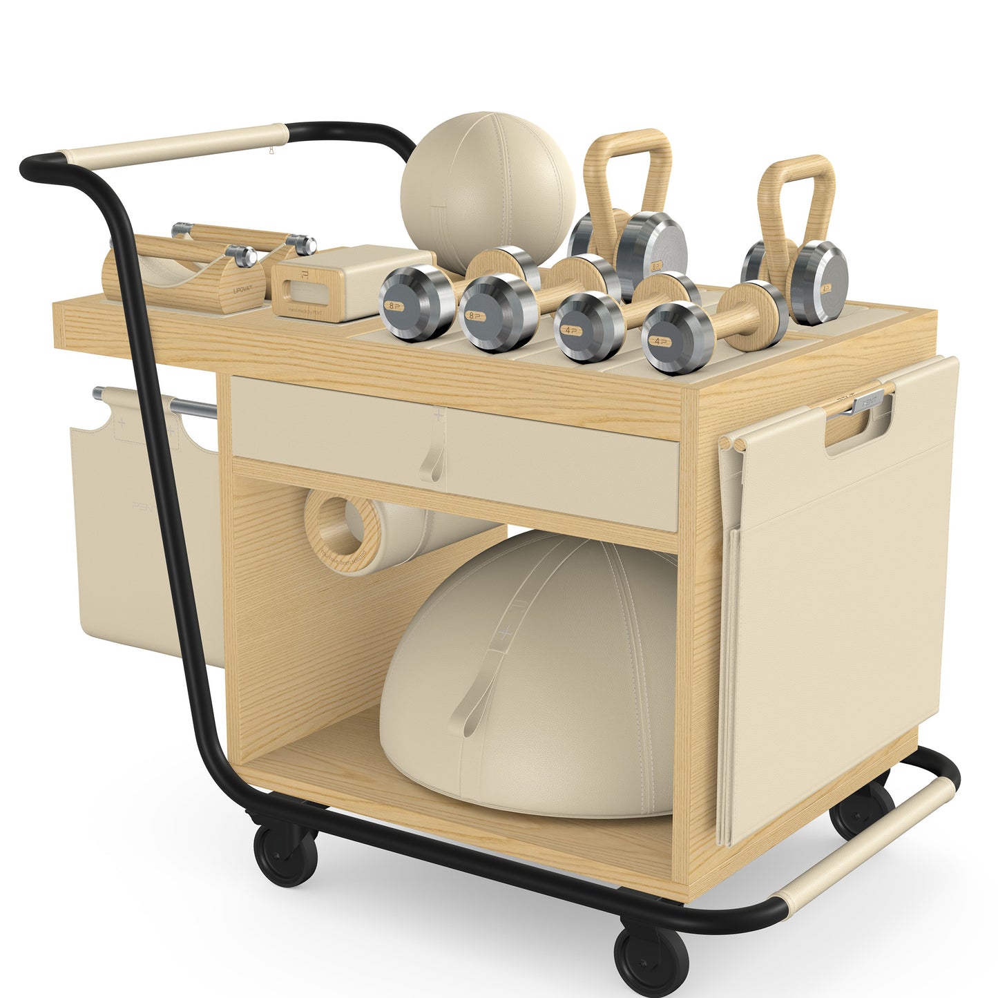 PENT. SOPHIA: dumbbells, kettlebells, balance trainer, medicine ball, skipping rope, exercise mat, push up bars, yoga block and stretching roller. Made with stainless steel, premium Italian beige base leather, beige accent leather and natural ash wood.