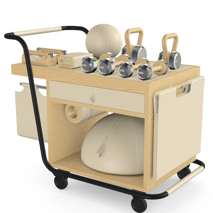 PENT. SOPHIA: dumbbells, kettlebells, balance trainer, medicine ball, skipping rope, exercise mat, push up bars, yoga block and stretching roller. Made with stainless steel, premium Italian beige base leather, beige accent leather and natural ash wood.