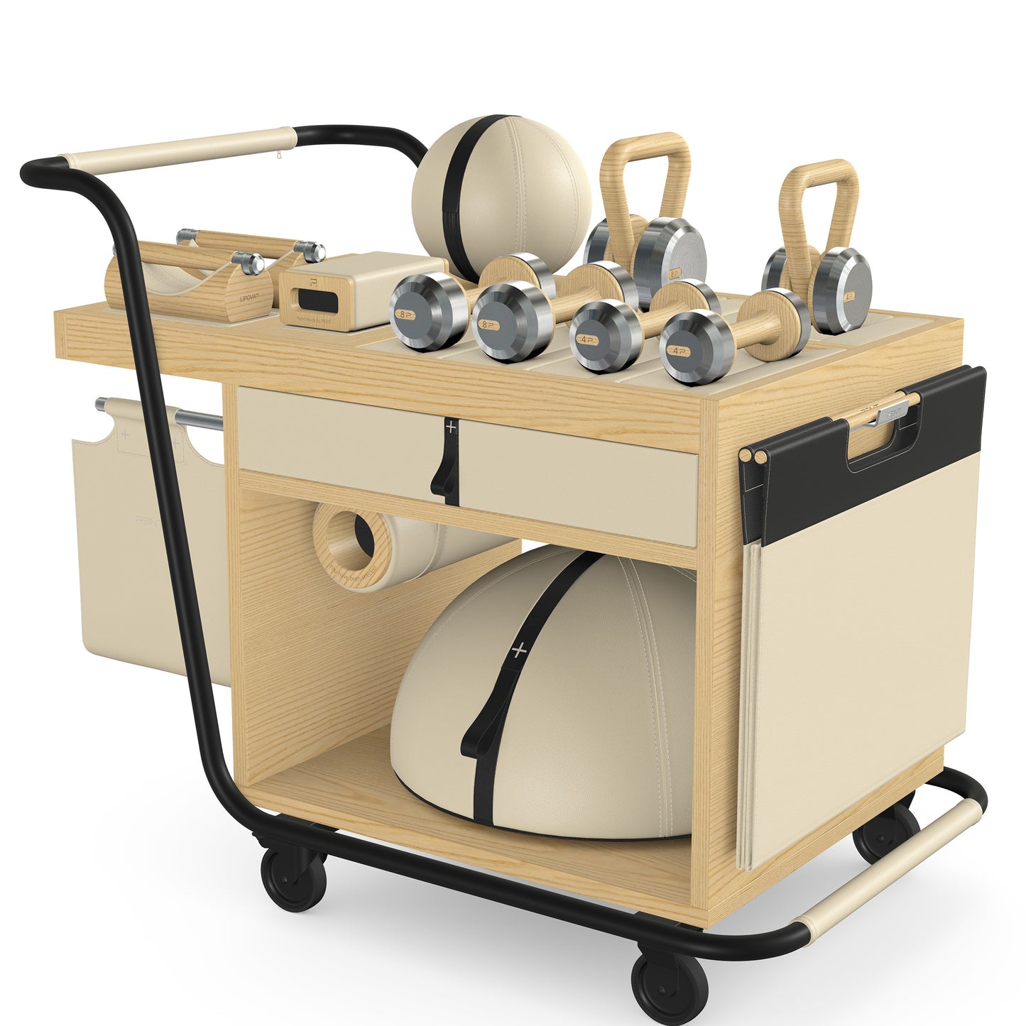 PENT. SOPHIA: dumbbells, kettlebells, balance trainer, medicine ball, skipping rope, exercise mat, push up bars, yoga block and stretching roller. Made with stainless steel, premium Italian beige base leather, black accent leather and natural ash wood.
