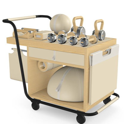 PENT. SOPHIA: dumbbells, kettlebells, balance trainer, medicine ball, skipping rope, exercise mat, push up bars, yoga block and stretching roller. Made with stainless steel, premium Italian beige base leather, white accent leather and natural ash wood.
