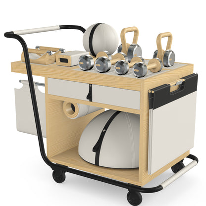 PENT. SOPHIA: dumbbells, kettlebells, balance trainer, medicine ball, skipping rope, exercise mat, push up bars, yoga block and stretching roller. Made with stainless steel, premium Italian white base leather, black accent leather and natural ash wood.
