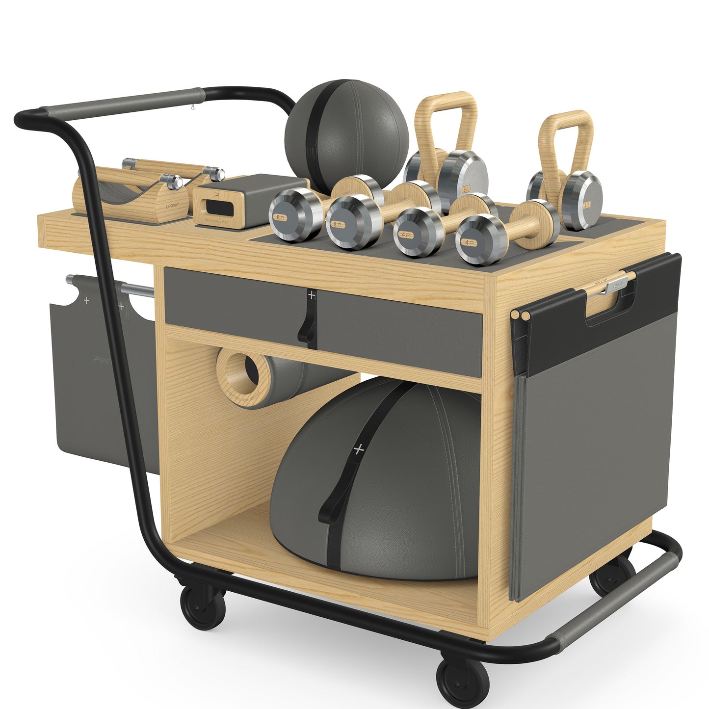 PENT. SOPHIA: dumbbells, kettlebells, balance trainer, medicine ball, skipping rope, exercise mat, push up bars, yoga block and stretching roller. Made with stainless steel, premium Italian grey base leather, black accent leather and natural ash wood.