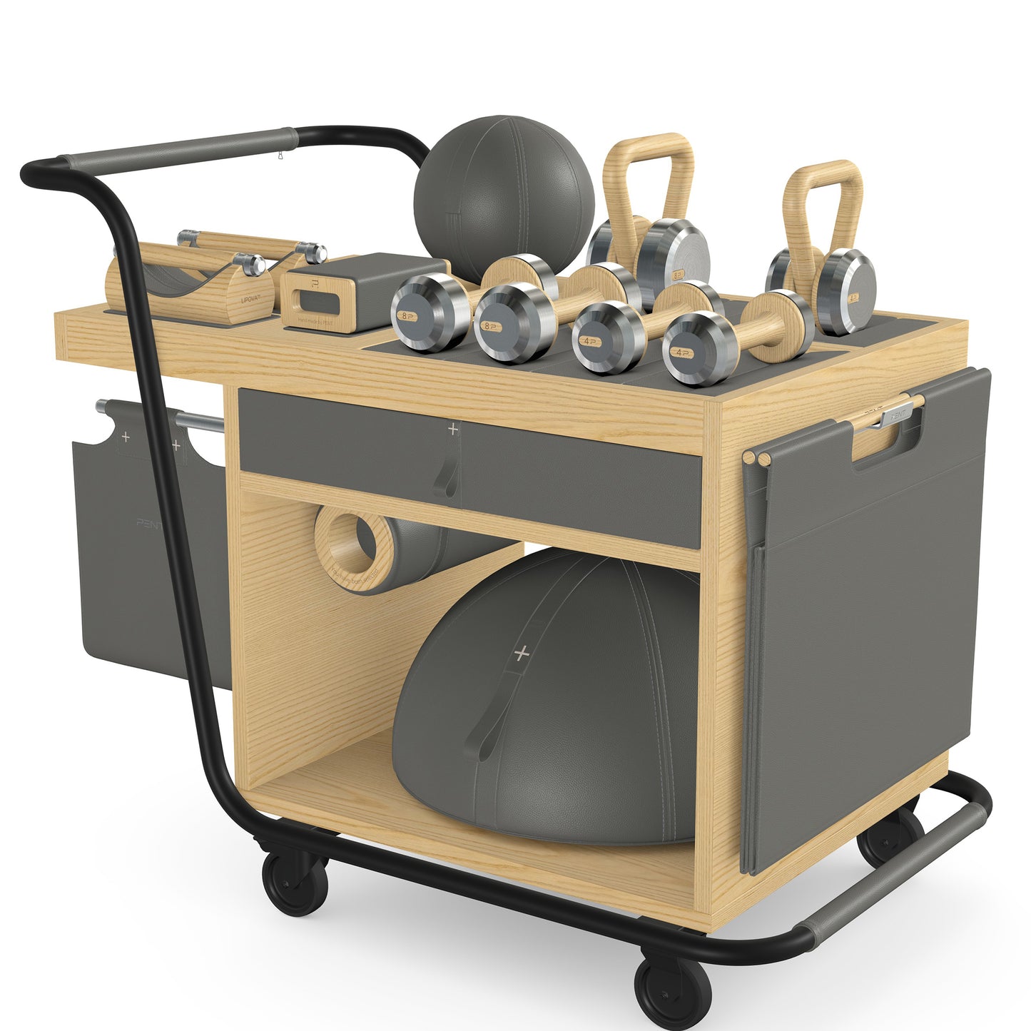 PENT. SOPHIA: dumbbells, kettlebells, balance trainer, medicine ball, skipping rope, exercise mat, push up bars, yoga block and stretching roller. Made with stainless steel, premium Italian grey base leather, grey accent leather and natural ash wood.