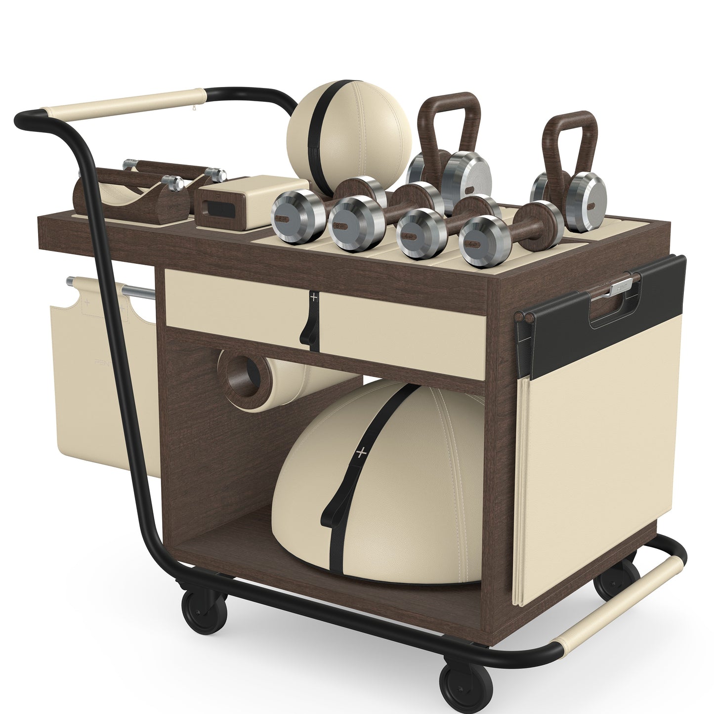 PENT. SOPHIA: dumbbells, kettlebells, balance trainer, medicine ball, skipping rope, exercise mat, push up bars, yoga block and stretching roller. Made with stainless steel, premium Italian beige base leather, black accent leather and dark walnut wood.