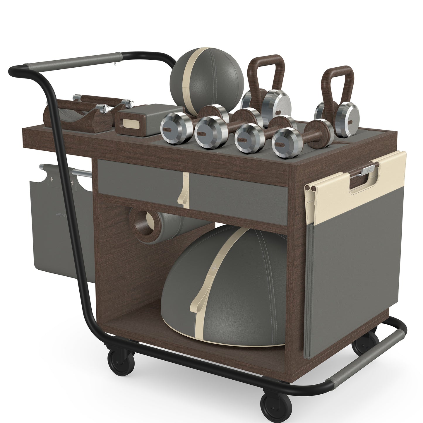 PENT. SOPHIA: dumbbells, kettlebells, balance trainer, medicine ball, skipping rope, exercise mat, push up bars, yoga block and stretching roller. Made with stainless steel, premium Italian grey base leather, beige accent leather and dark walnut wood.
