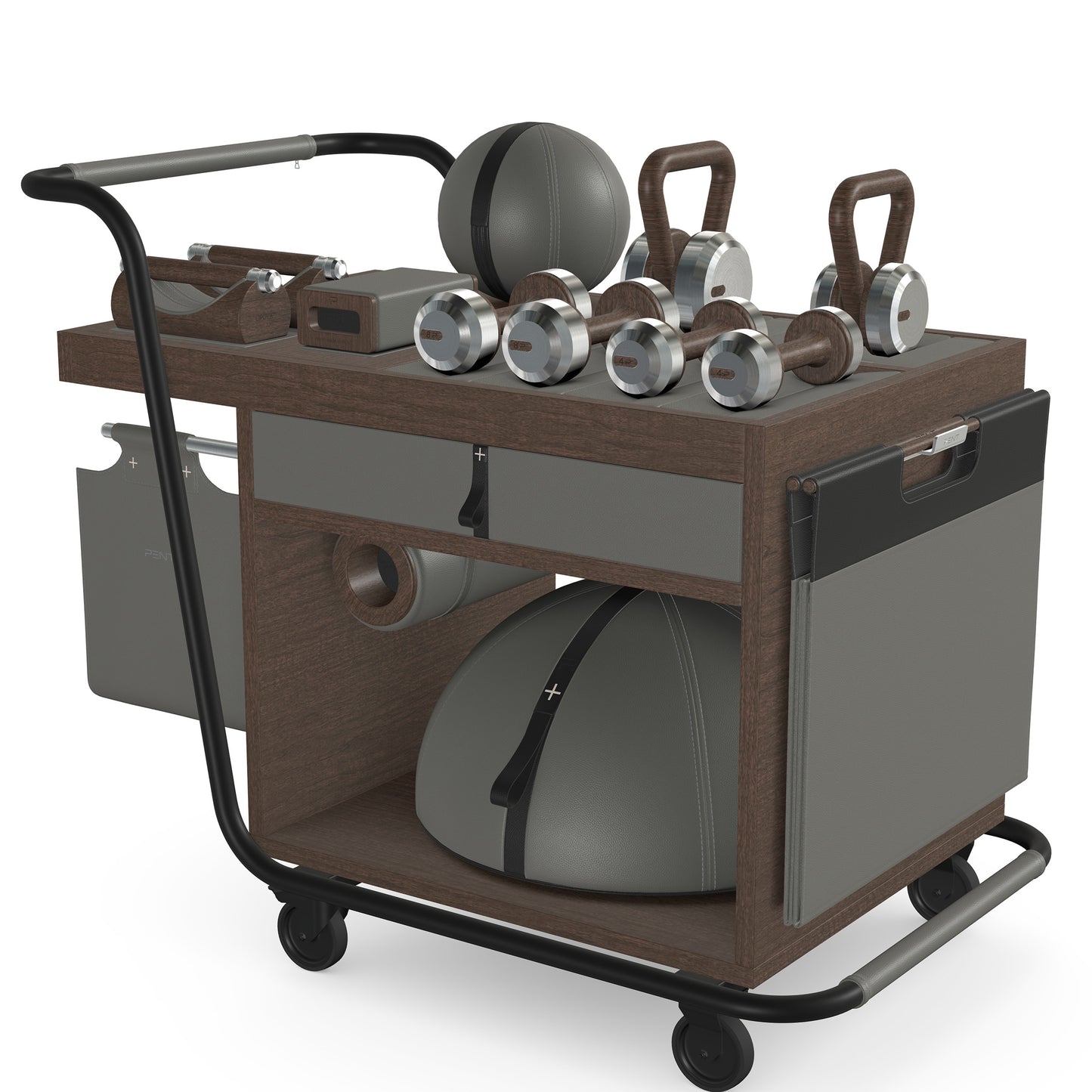PENT. SOPHIA: dumbbells, kettlebells, balance trainer, medicine ball, skipping rope, exercise mat, push up bars, yoga block and stretching roller. Made with stainless steel, premium Italian grey base leather, black accent leather and dark walnut wood.