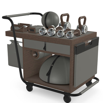 PENT. SOPHIA: dumbbells, kettlebells, balance trainer, medicine ball, skipping rope, exercise mat, push up bars, yoga block and stretching roller. Made with stainless steel, premium Italian grey base leather, black accent leather and dark walnut wood.